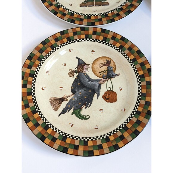 VTG 1998 Sakura Debbie Mumm HALLOWEEN Salad Plates SET OF 4 Witch Cat Pumpkin Ow - Picture 5 of 9